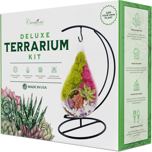 7" Teardrop Glass Succulent Terrarium Kit for Kids and Adults, Reindeer Moss, Crystal & Rocks, Tools, Figurine, Metal Hanger (Live Plant Included)