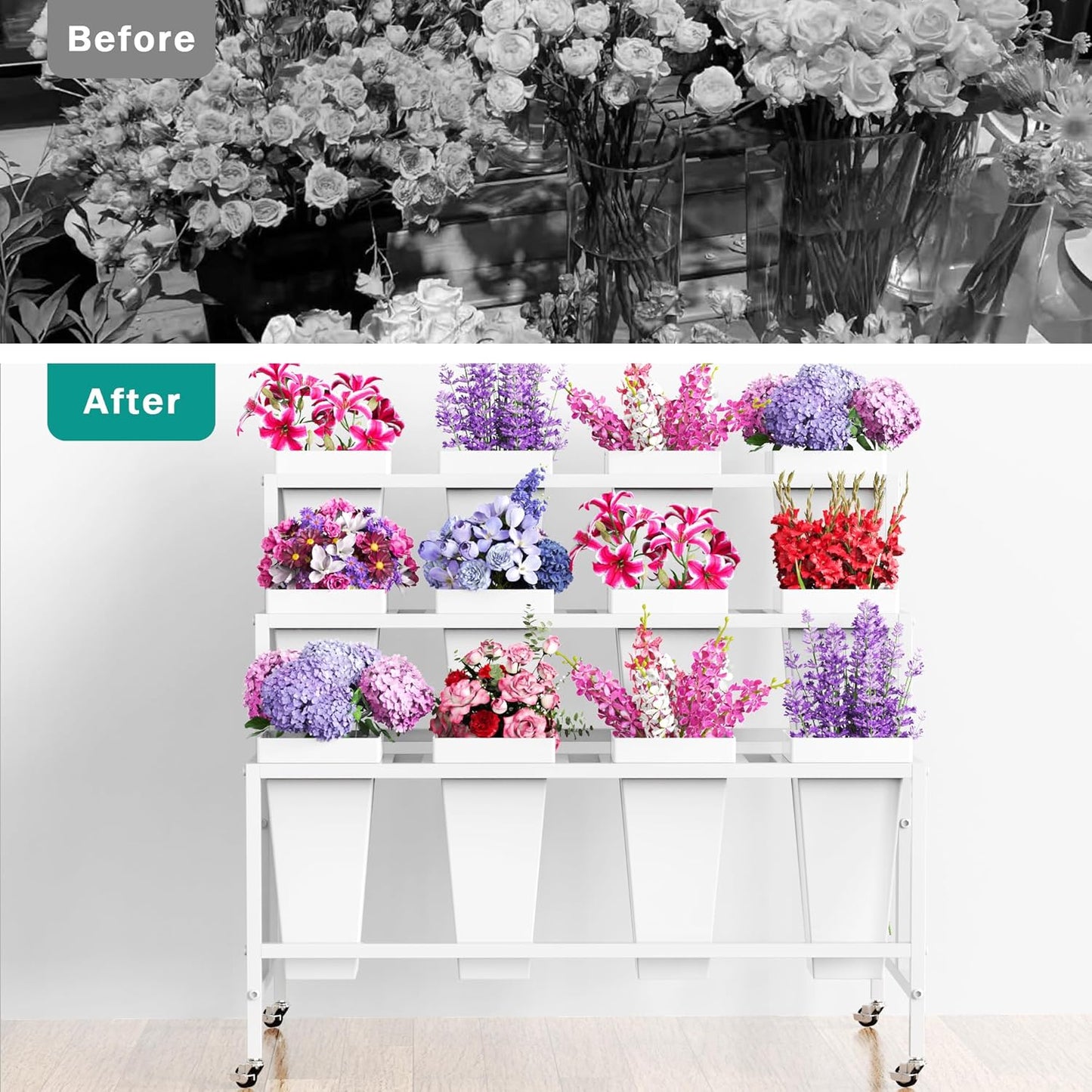 Putros Flower Display Stand with 12 Buckets White 3 Layers Metal Floral Cart with Wheels Moving Florist Bouquet Bar Plant Shelf for Indoor Outdoor Patio Garden Party Decor