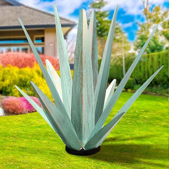 Large Tequila Rustic Sculpture, Rustic Metal Agave Plants for Outdoor Patio Yard, Home Decor Hand Painted Metal Agave Garden Yard Statue, Outdoor Lawn Ornaments (Mint Green - L)