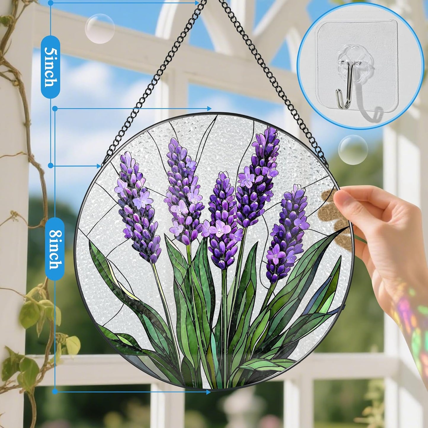 Stained Glass Window Hanging, 8 Inch Lavender Stained Glass Suncatcher, Flower Sun Catcher, Window Hanging Decor, Flower Lovers Gift for Her, Housewarming Gift, Gifts for Lover, Bestie and Couple