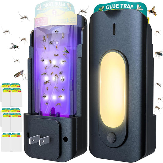 Fruit Fly Trap for Indoors with 10 Refills, 2 in 1 Fly Trap Indoor with Night Light for Home, Gnat Traps for House Indoor, Plug-in Insect Trap for Gnats, Flies, Moths, and Other Bugs-Black