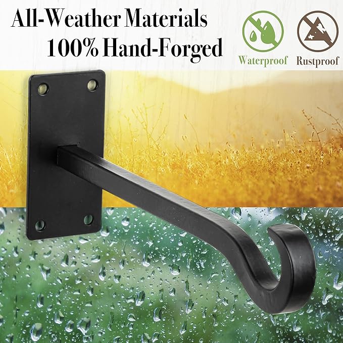Qiang Ni Bird Feeder Hanger: 8-Inch Wall-Mounted Plant Bracket Outdoor - 2 Pieces Black Plant Hooks for Hanging Flower Baskets