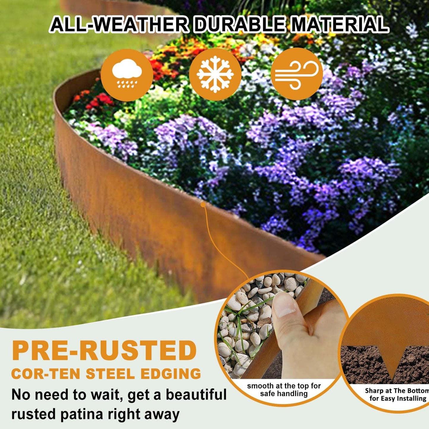 Hugeleaf 10 Pack 6.5 Inch Corten Steel Landscape Edging with 11 Pcs Metal Clips, Hammer-in Heavy Duty Metal Edging Pack of 10 (33 Feet Total Length) -Edge for Lawn Garden Yard, Above Ground 4.1 Inch