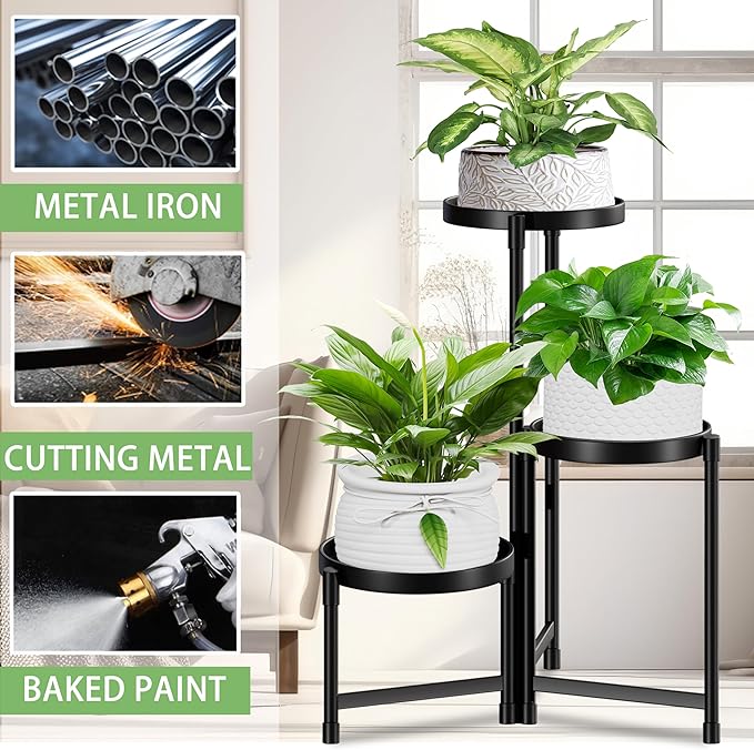 Plant Stand indoor outdoor - 3 Tier black Tall Metal Flower Pot Holder Potted Display Rack - Heavy Duty Corner Plant Shelf for Patio Garden Balcony Living Room Bedroom
