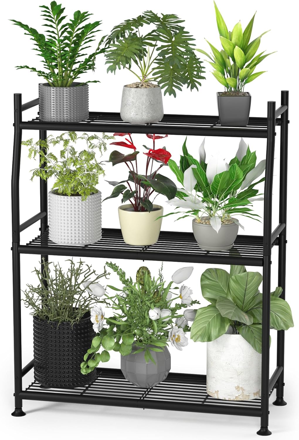 3-Tier Plant Stand Indoor Outdoor, Waterproof Metal Plant Shelf for Multiple Flower Planter Holder, Small Plant Stands for Patio Garden Living Room, Black