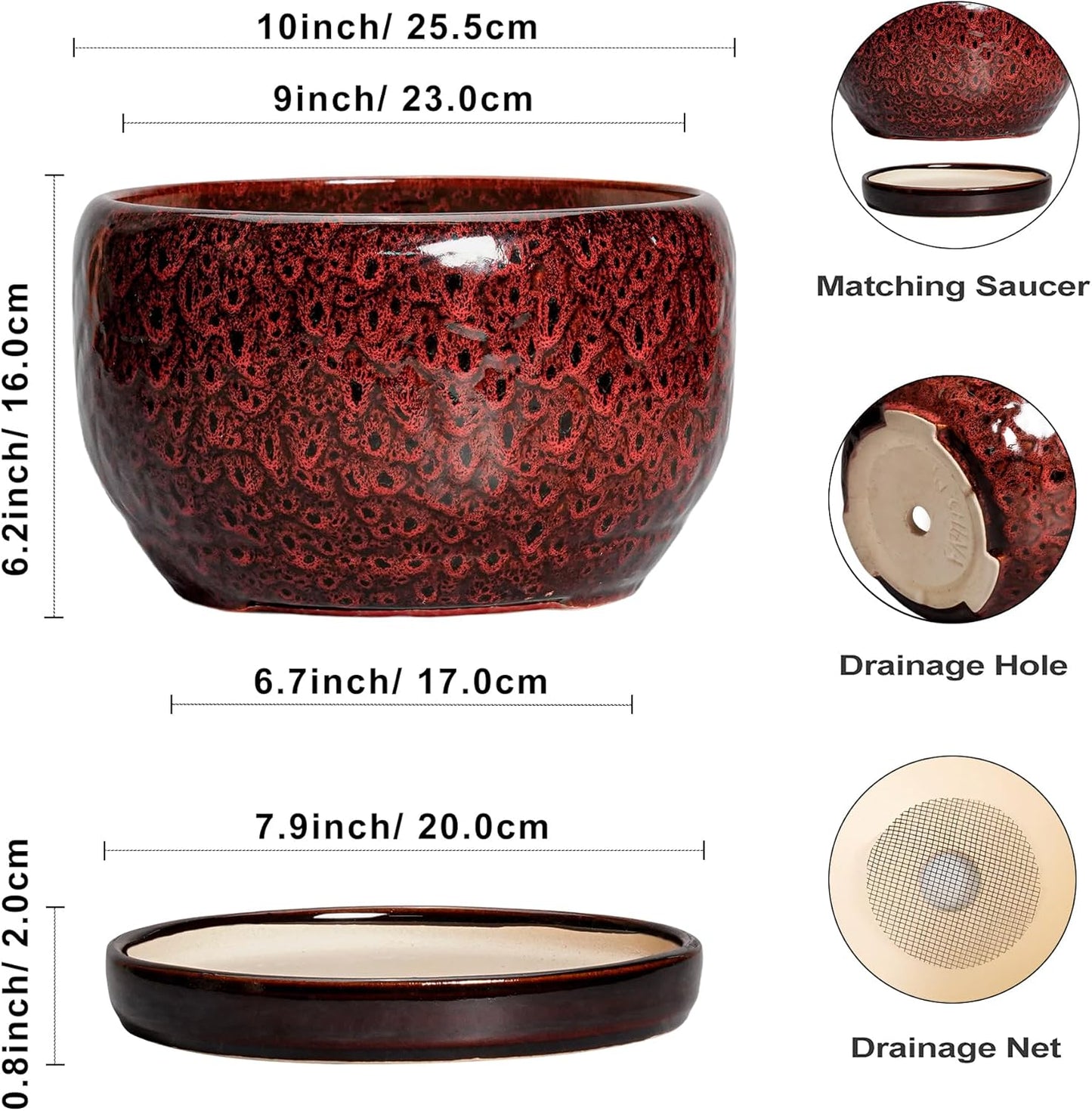 SQOWL Ceramic Flower Pots - 10 Inch Plant Pot Indoor, Ceramic Planter with Drainage Hole and Saucer, Round Decorative Large Planter Outdoor, Home Decor Living Room, Gifts for Plant Lovers, Red