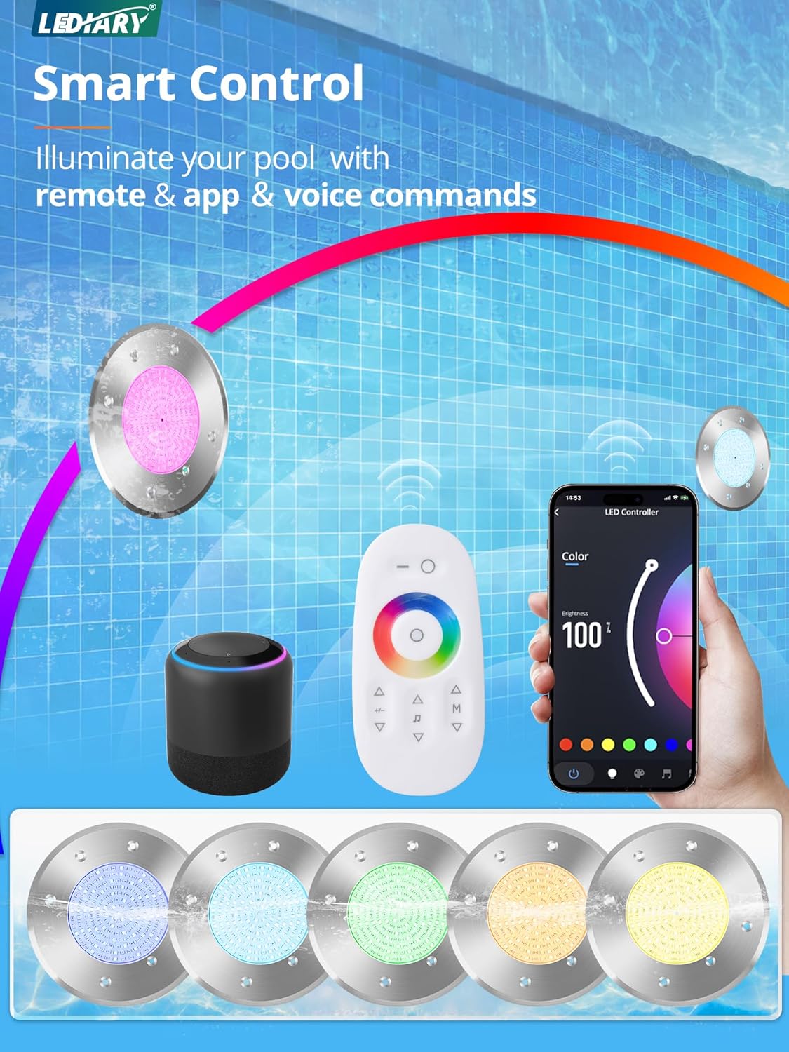 LEDIARY 6 Inch LED RGB Pool Lights for Inground Pool, AC120V 15W Underwater Swimming Pool/Spa Lights with APP/Remote Control, 50 ft Cord, Waterproof for 6" Wet Niche(Transformer& Controller Included)