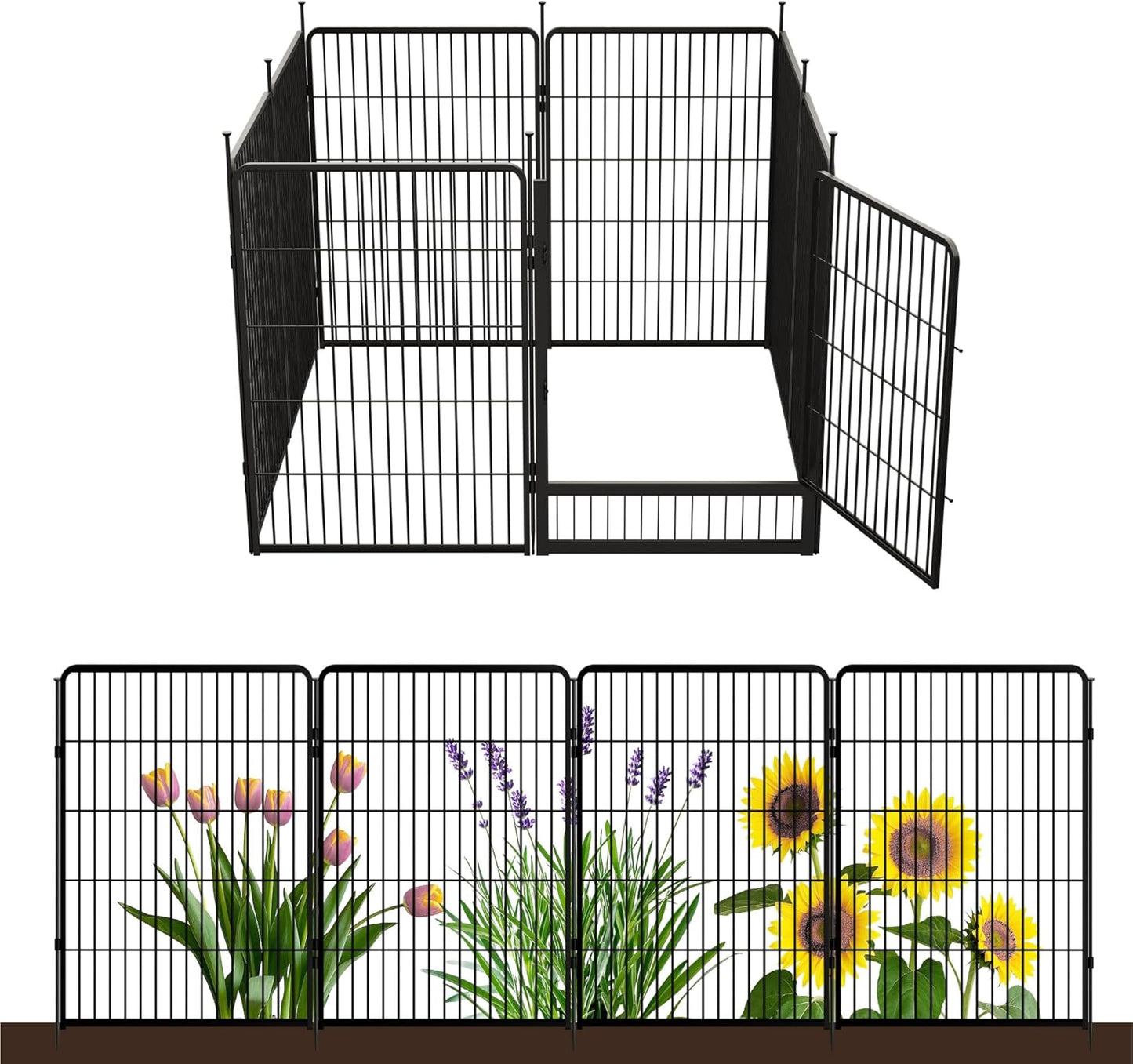 Decorative Garden Fence with Gate 40 in(H) x 17.8 ft(L) 8 Panels, Heavy Duty Metal Animal Barrier Fence for Yard, Flower Bed Fencing, Garden Border Fence, Easy Set Up, Black