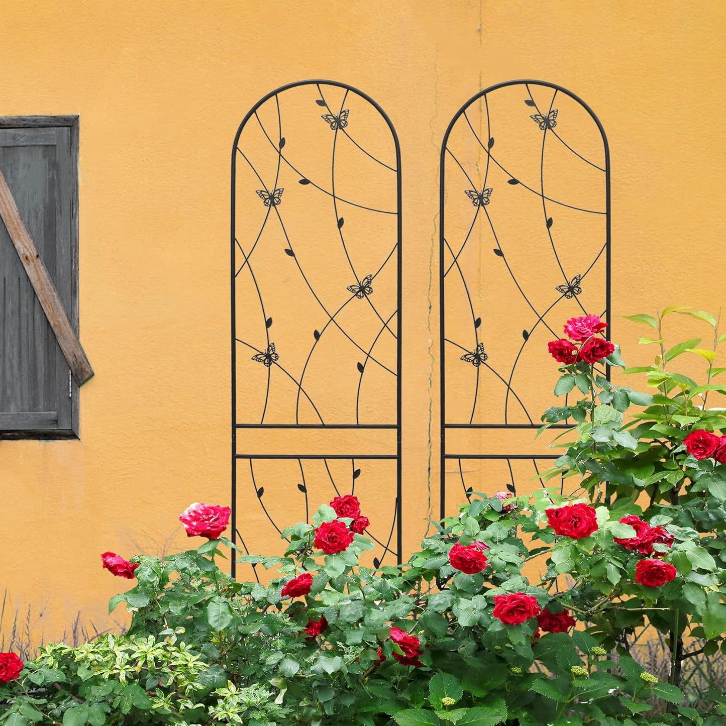 4 Pack Metal Garden Trellis for Climbing Plants, 71" Tall Rustproof Outdoor Trellis Panel with Butterfly Design, Decorative Black Iron Plant Support for Vine, Rose, Flower, Garden Wall
