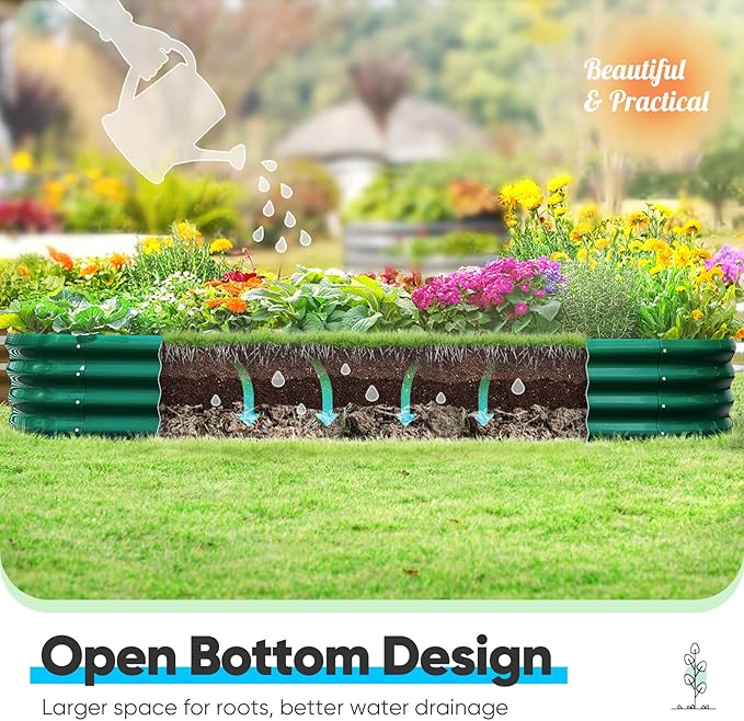 Quictent Raised Garden Bed Kit Oval Galvanized Metal Planter Box for Vegetables Outdoor Backyard, Rubber Strip Edging Included, Dark Green 6x3x2 ft