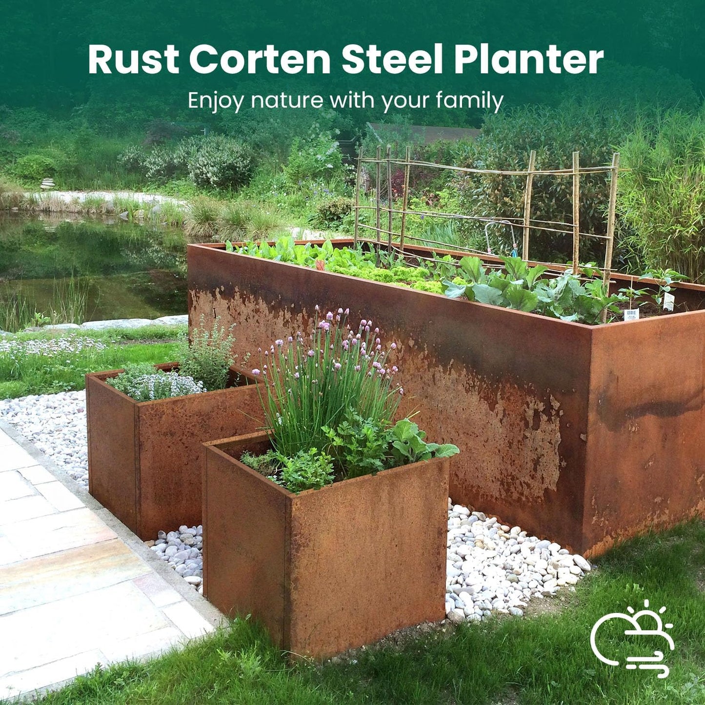 Corten Steel Planter Box Metal Outdoor Large Rectangular Rustic Durable Antique Detached for Commercial Residential Patio Deck and Backyard 17" x 17" x 18"