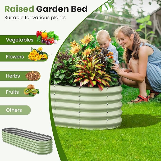 Oval 8x2x1.5 FT Galvanized Raised Garden Bed Kit, 31 in 1 Large Metal Planter Box for Outdoor Gardening, 18” Garden Bed for Vegetables Flower Herb(Sage Green)