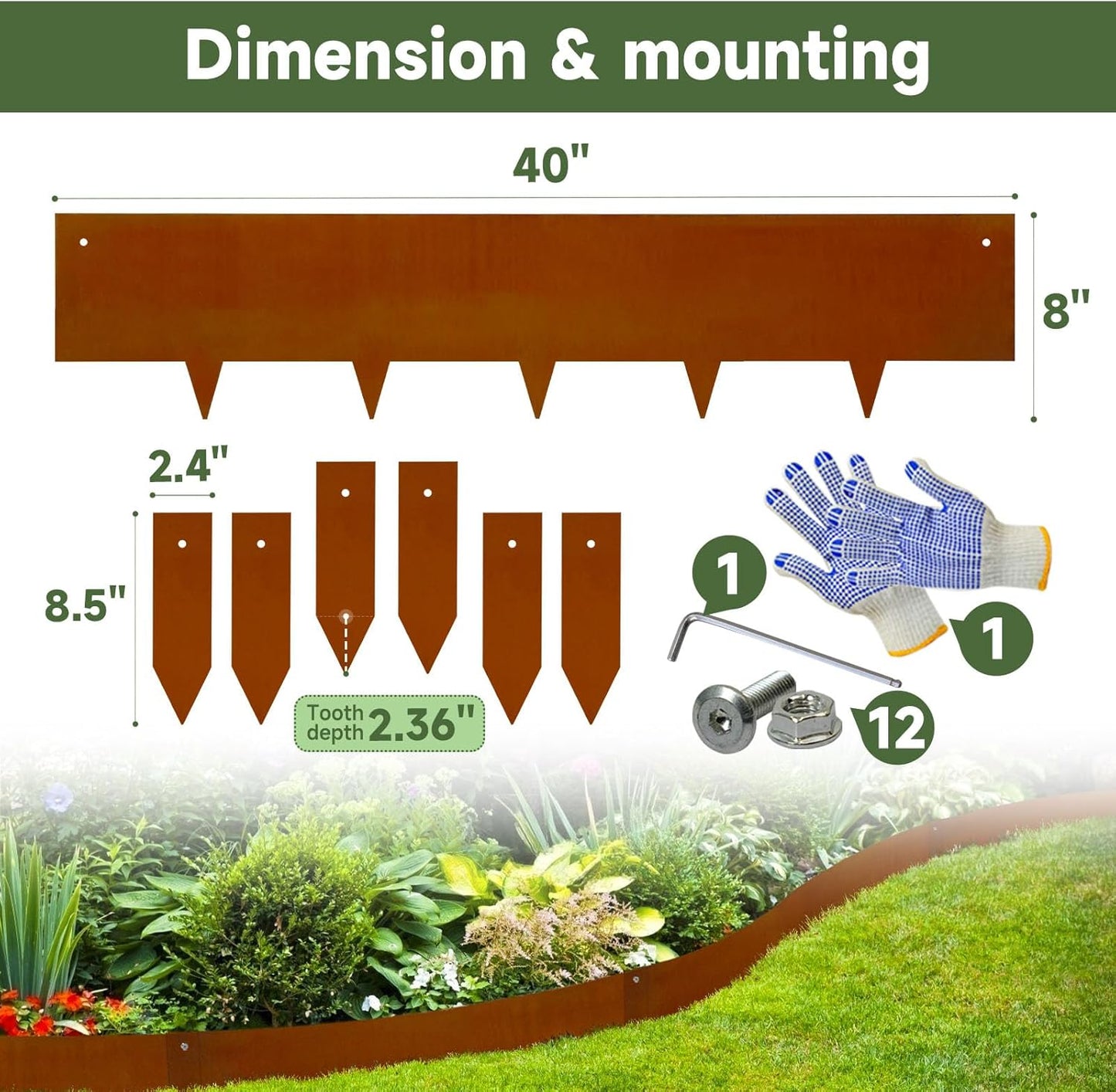 Corten Steel Landscape-40 LX 8" H Metal Garden Edging 20FT Total Rusted Lawn Edging 6 Pcs-No-Dig Hammer Heavy Duty Steel Edging-Bendable Border Strips for Lawn Yard Courtyard Pathway-6 Clips