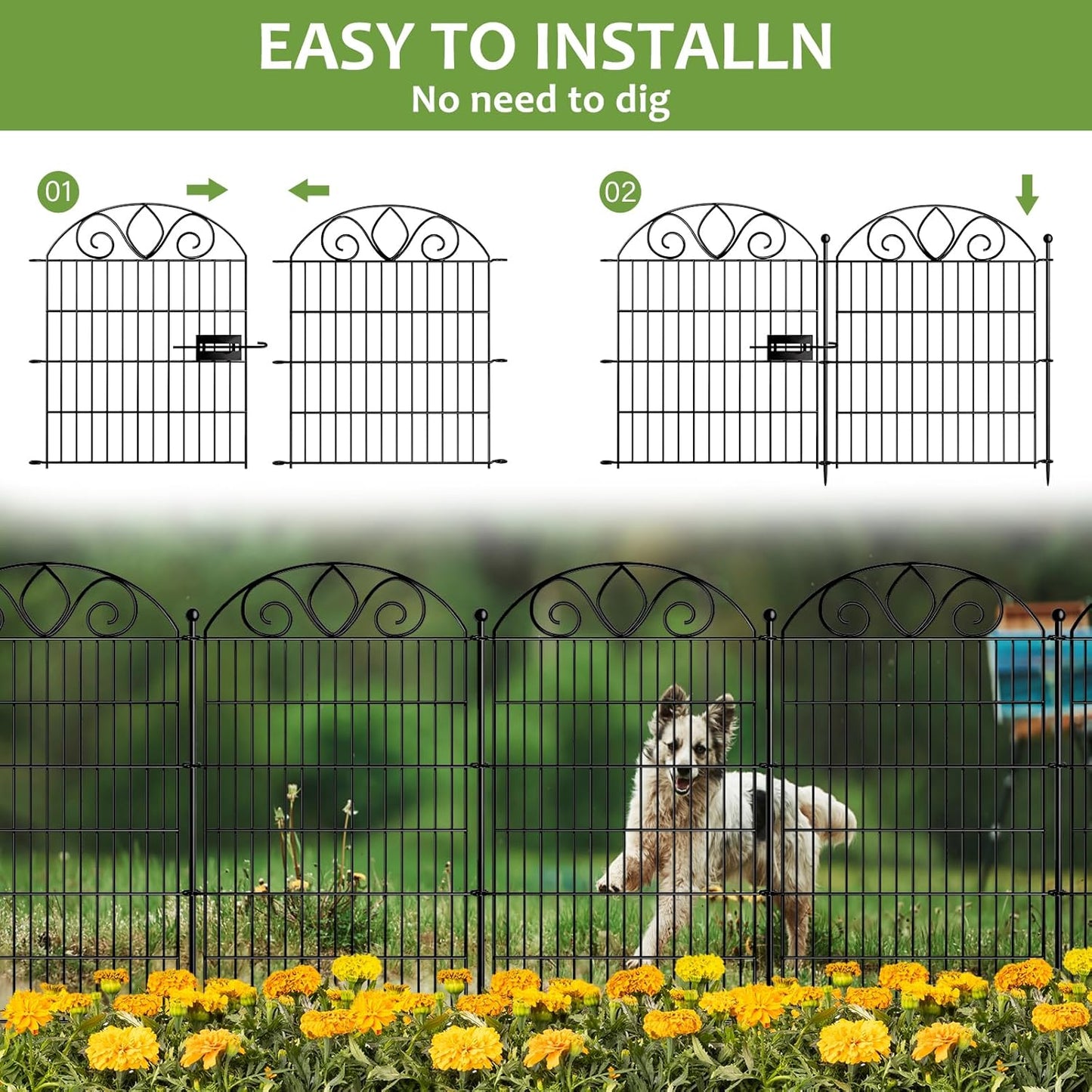 5 Panels No Dig Tall Garden Fence Panel – 34" H X 11' L Rustproof Metal Dog Fence Outdoor for Yard, Decorative Animal Barrier Fence for Pet, Garden Border, Patio, Flower Beds| Temporary Fencing