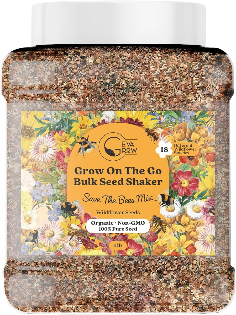 Wildflower Seed Mix 1LB Tub - Save The Bees Seed Mix, by GevaGrow | Bulk 300,000+ Seeds | Pollinator & Bee Attracting Flower Seeds Bulk for Planting in Pots & Outdoor Gardens | 1 Pound Tub