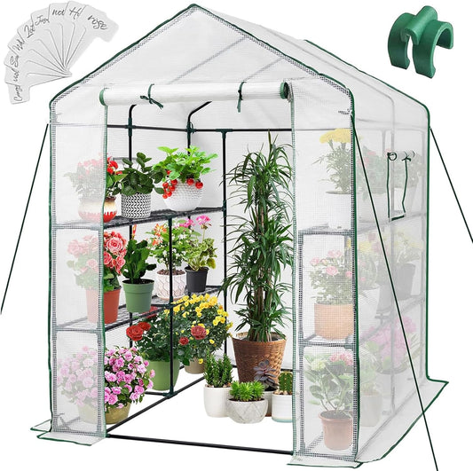 Greengro Greenhouse, 57 x 57 x 76'' Greenhouses for Outdoors, Portable Greenhouse Kit with Mesh Side Windows, PE Cover, 8 Shelves, Heavy Duty Walk in Green House for Backyard Garden Indoor Outside
