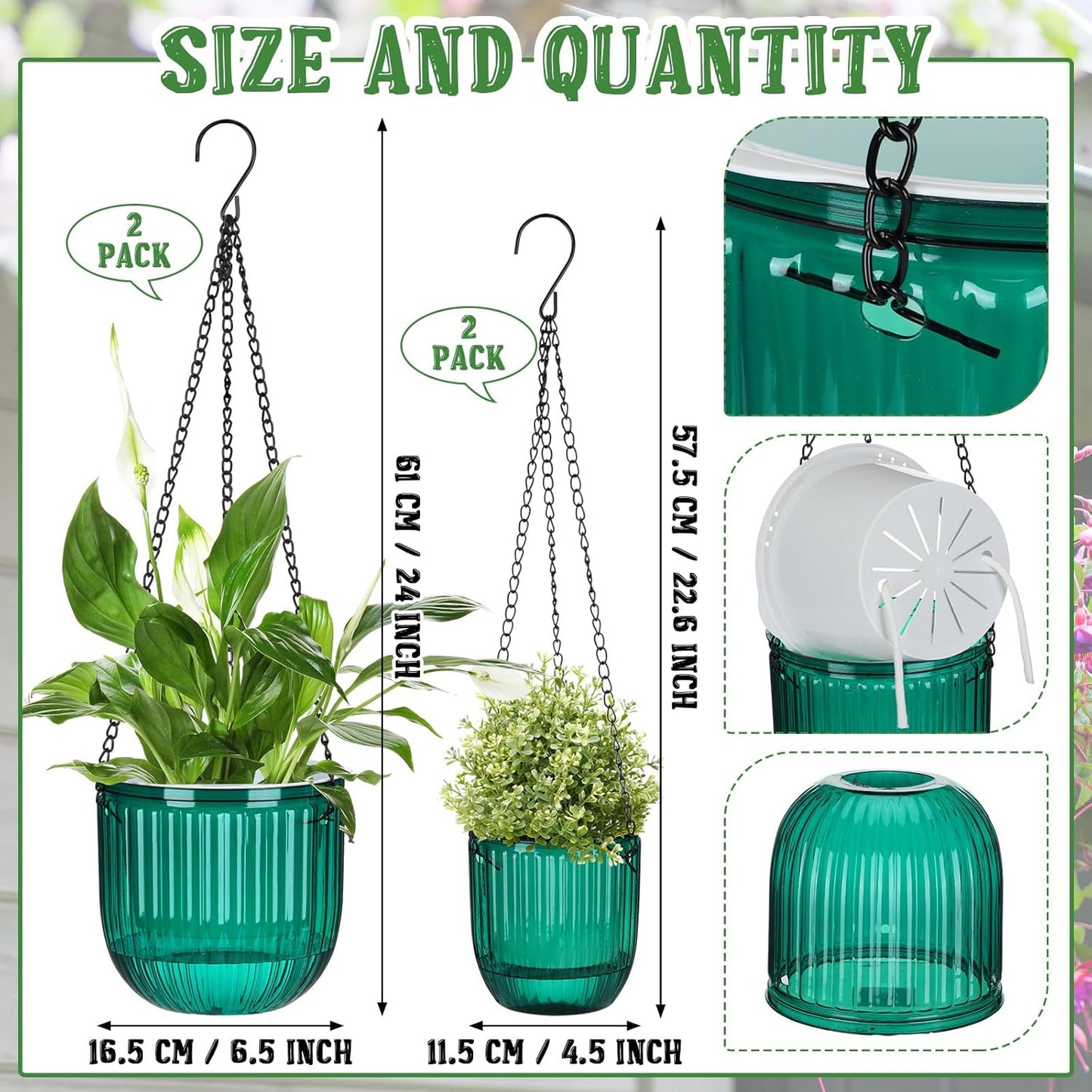 Maxcheck 4 Pcs Self Watering Hanging Planters Indoor Gift 6.5'' 4.5'' Hanging Flower Pots Baskets Outdoor Self Watering Plant with 3hooks Drainage Holes for Home(Emerald)