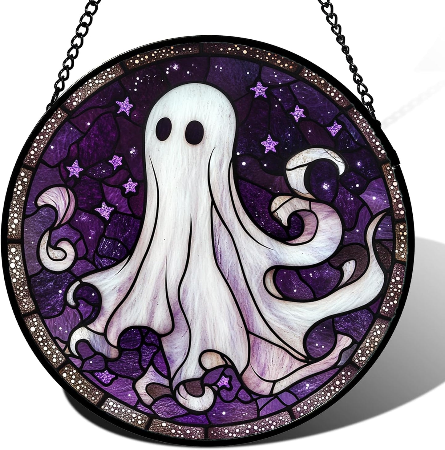 Stained Glass Window Hanging - Halloween Decorations White Ghost Purple Stars Suncatcher for Doors Garden Spooky Funny Sun Catchers Gothic Decor Horror Gifts for Women Men Friend 11.8 in