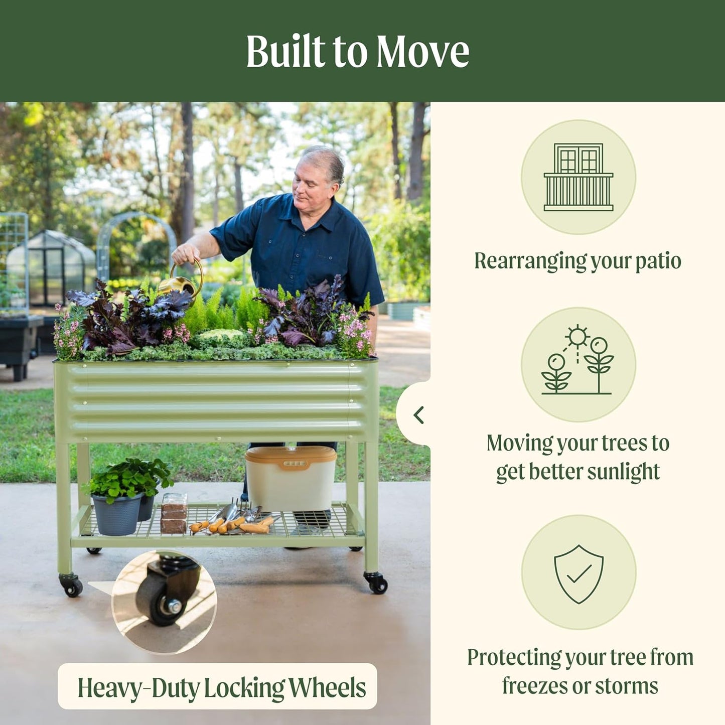 Rolling Elevated Raised Garden Bed-V Series, 2' x 6' Garden Beds with Legs & Storage Rack for Patio & Porch, 1000 Lbs Weight Capacity, Outdoor Planter Box for Vegetables Flower Herbs, Olive Green