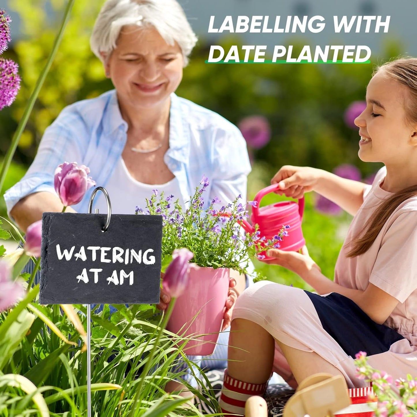 Leifide 24 Sets Plant Labels, Reusable Slate Plant Markers Natural Weatherproof Garden Signs Waterproof Hanging Slate Planter Tags with Metal Stakes and Stone Chalks for Vegetable Flower Pot