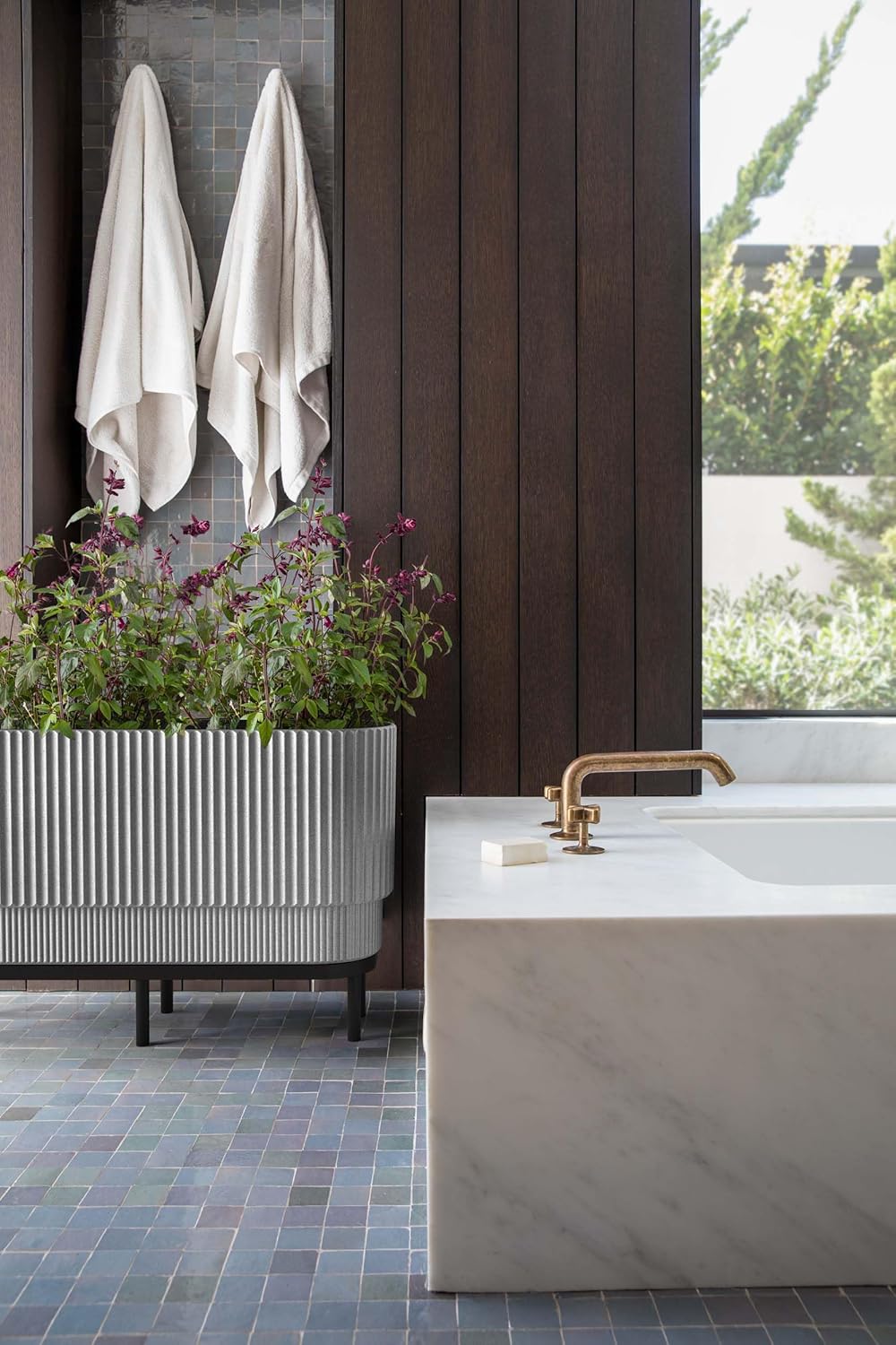 Veradek Demi Series Raised Long Planter for Indoor/Outdoor Use | Made from Plastic & Stone w/Wooden Stand | Modern Patio Décor for Flowers/Shrubs