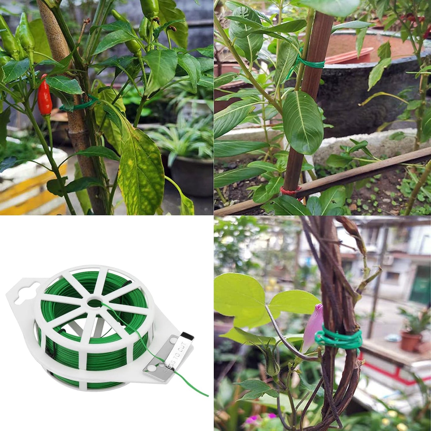 JEUIHAU 6 Reels 328 Ft Green Plant Twist Ties, Green Floral Wire,Plastic Coated Metal Wire Twist Ties with Cutter, Flexible Gardening Wires for Flowers, Vines, and Climbing Plants Suppor