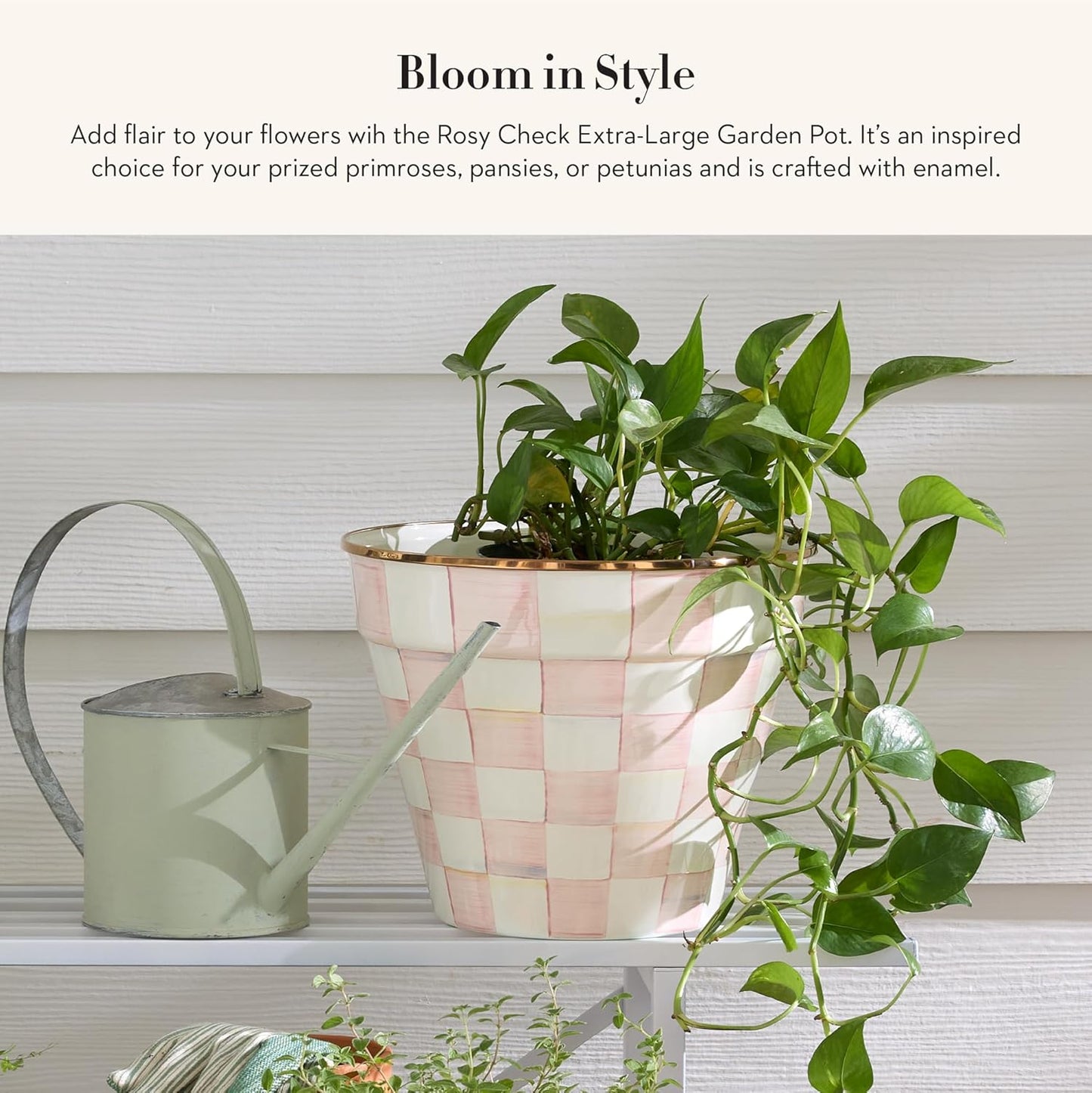 MACKENZIE-CHILDS Enamel Garden Pot, Decorative Pot for Plants, Outdoor Flowerpot Decor, Extra Large, Pink-and-White Rosy Check