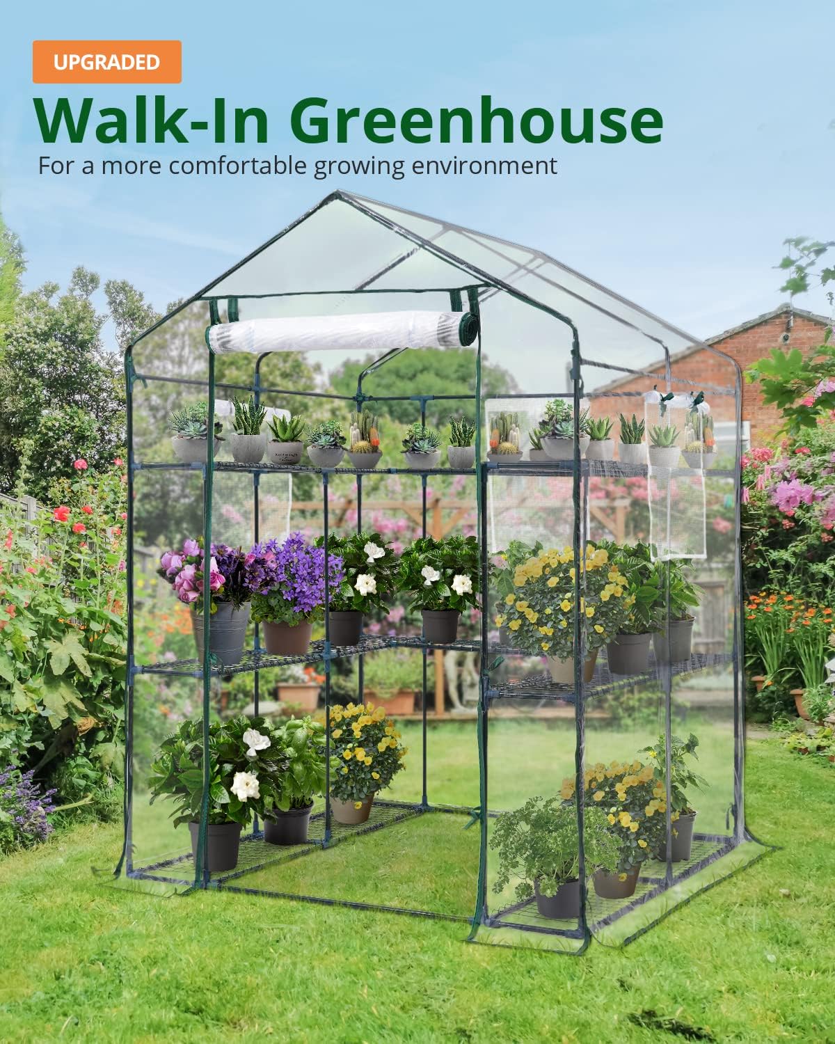 KING BIRD Premium Greenhouse for Outdoors, 56 x 56 x 77 Upgraded PVC Cover & Steel Frame Walk in Hot House, w/ Zippered Screen Windows Mesh Door, 3 Tiers 14 Shelves for Outside Garden, Clear