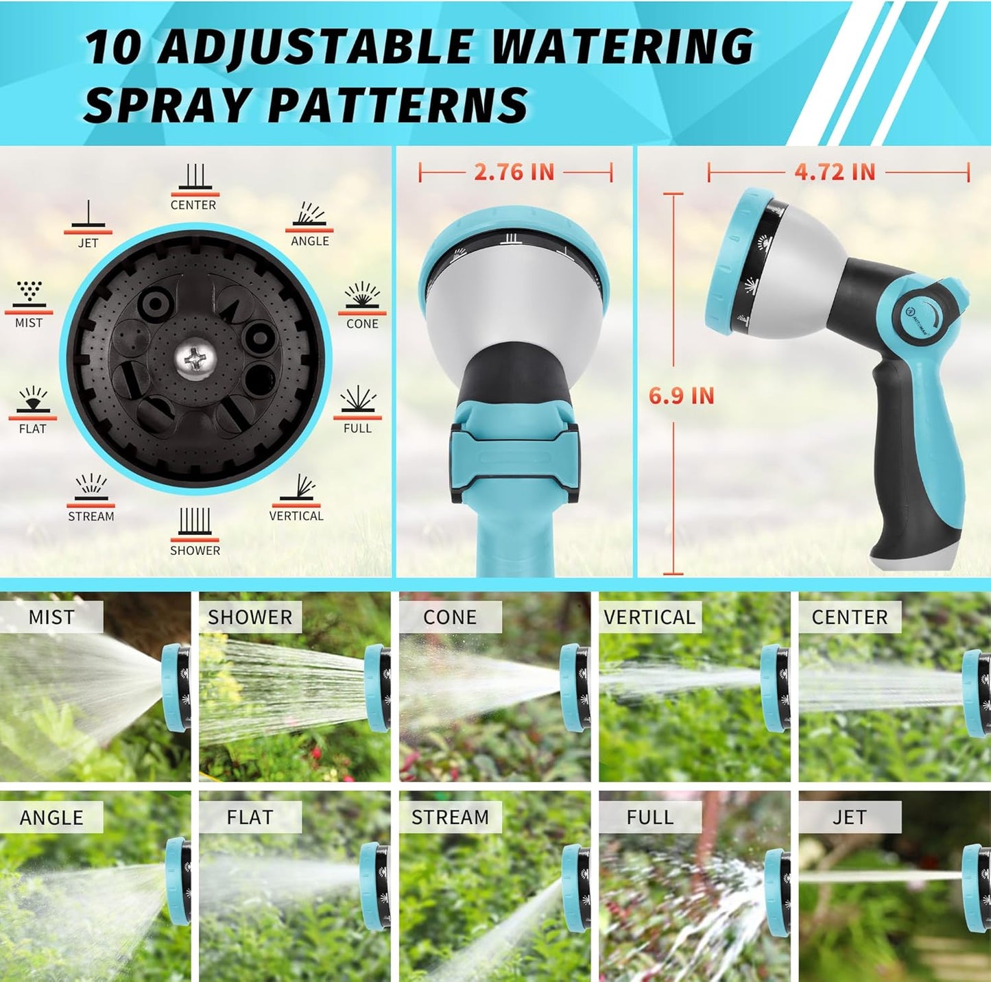 AUTOMAN Garden Hose Nozzle Sprayer - 10 Spray Patterns, High Pressure, Thumb Control On Off Valve, Metal Duty Water Nozzle, Extra 3 Washers, for Watering Garden, Cleaning, Washing Car, Showering Pets