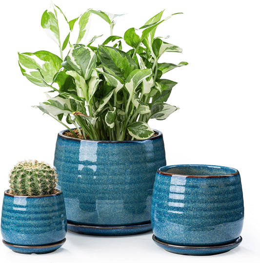 Ceramic Plant Pots with Drainage Holes and Saucers, Indoor Flower Pots for Plants Set of 3, 3.4+4.7+6.1 inch Cute Garden Pots Set for Succulent and Money Tree, Gift for Housewarmings, Blue