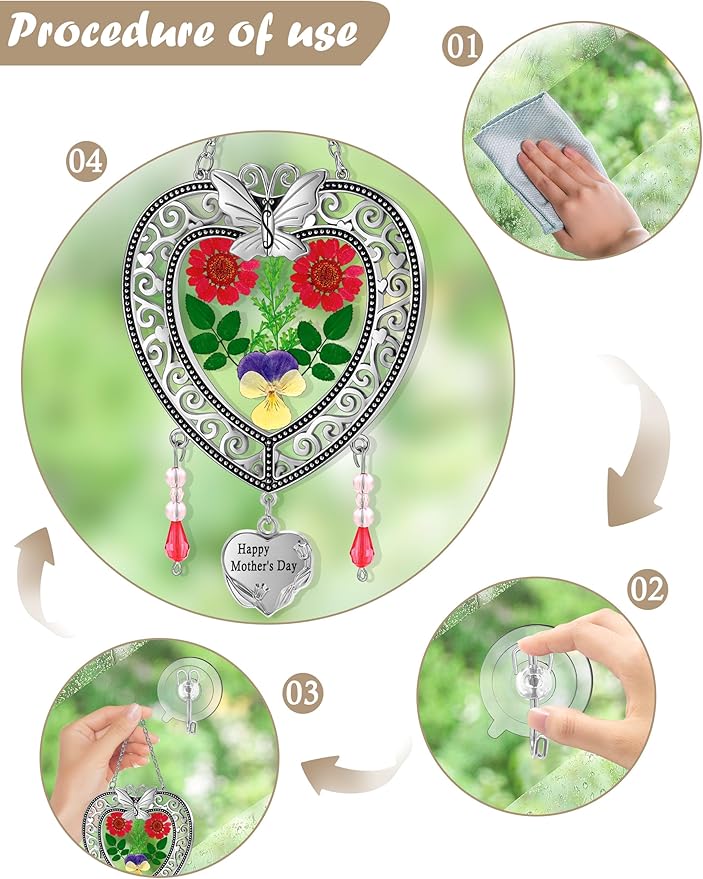 KY&BOSAM Suncatcher Happy Mother’s Day Stained Glass Tree of Life Heart Gifts Garden Ornament Wind Chimes for Windows Pressed Flower Between Heart in Glass Metal Engraved Charm as