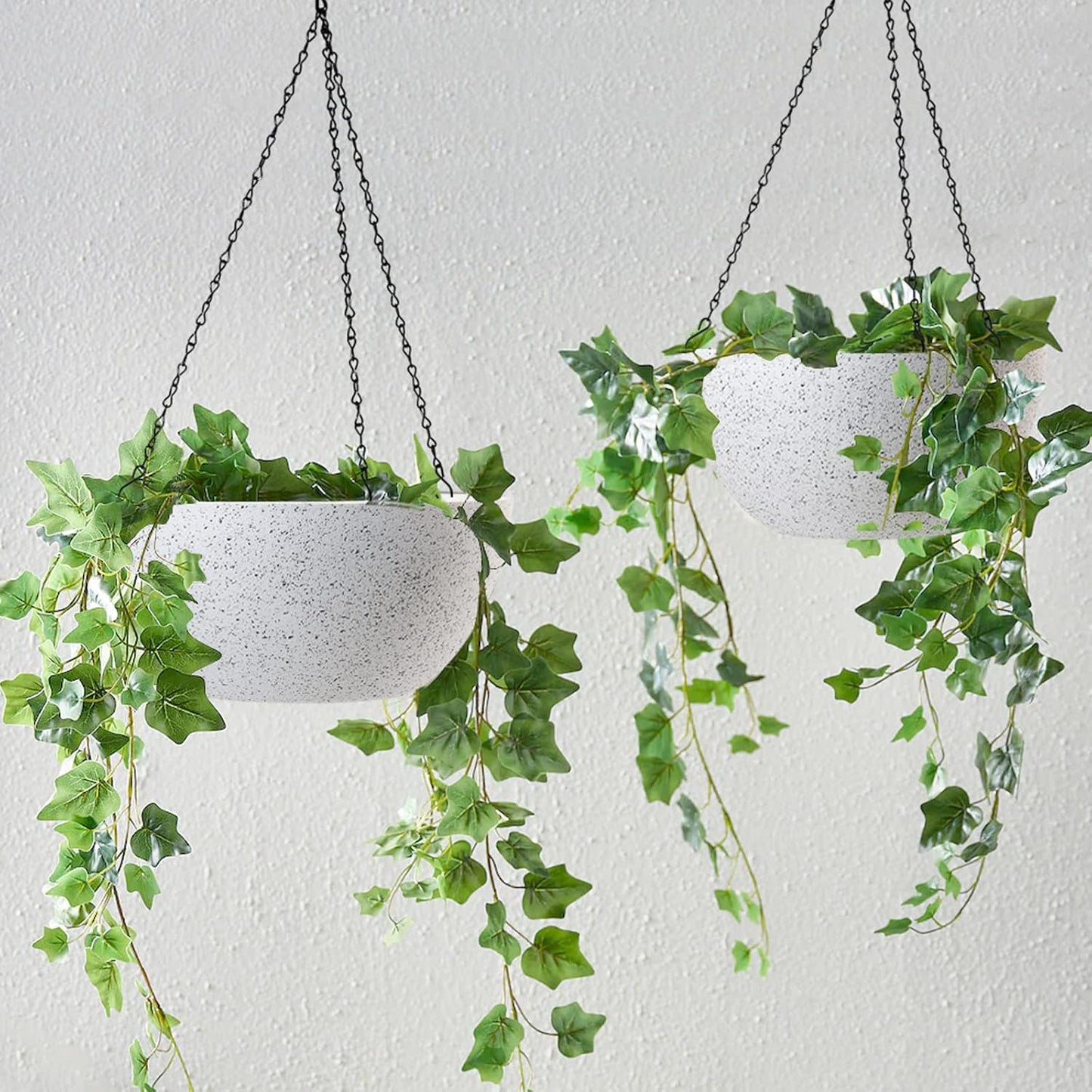 WOUSIWER 13 inch 2Pack Large Hanging Planters for Outdoor Indoor Plants with Drainage Holes and Chain, Round Hanging Flower Pots for Garden Home Porch Decor, White Speckles