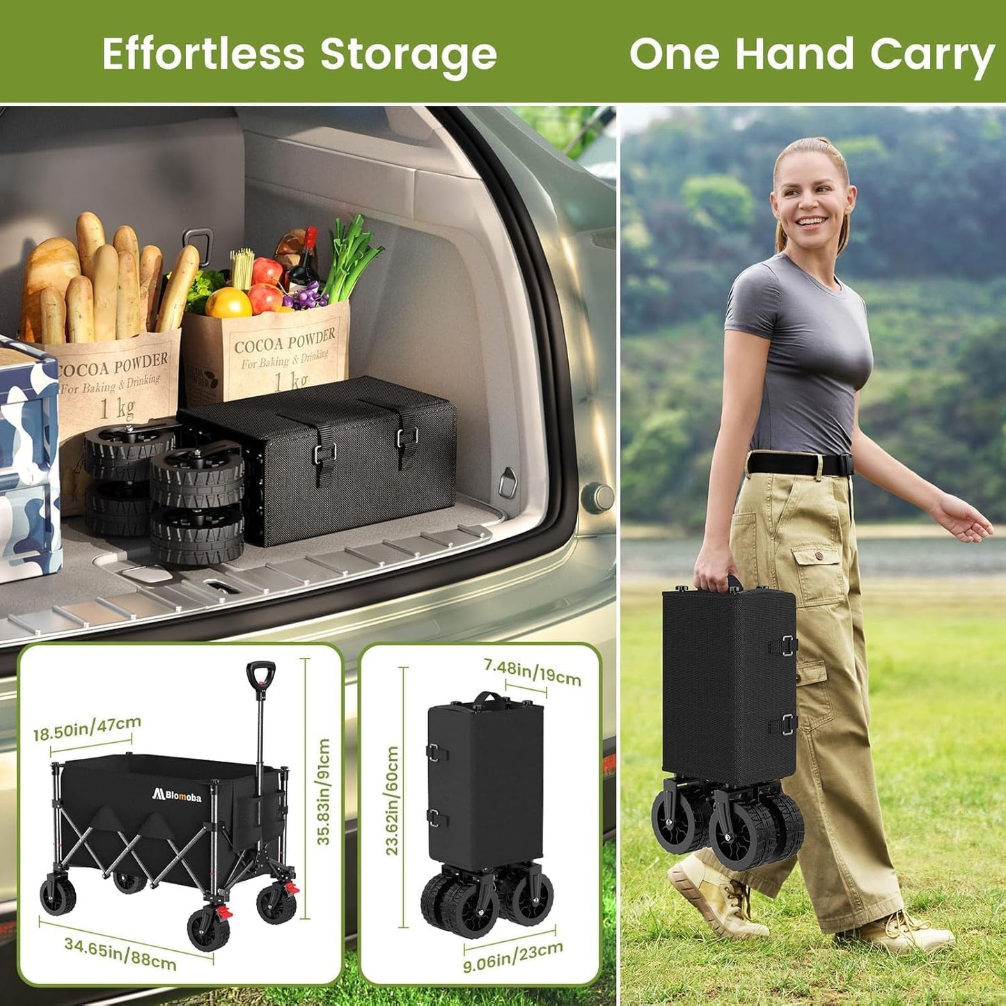 Collapsible Wagon Cart, 150L Heavy Duty Foldable Beach Wagon with Wider Wheels & Auto-Rebound Handle, Utility Grocery Shopping Cart for Garden, Shopping, Camping, Sports, Black