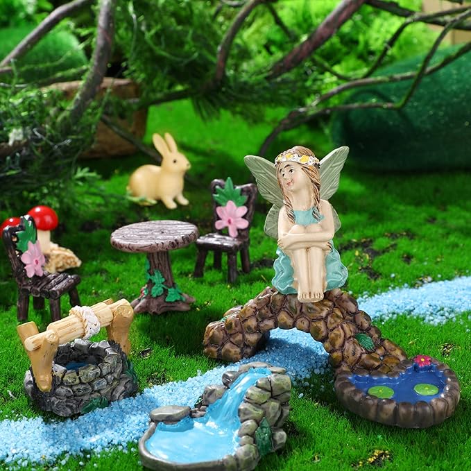 Roowest 19 Pcs Garden Accessories Garden Fairies Kit Miniatures Bunny Squirrel Owl Animals Cute Tiny Mushroom Mini Pond Bridge Figurine Miniature Micro Landscape Ornaments for DIY Home