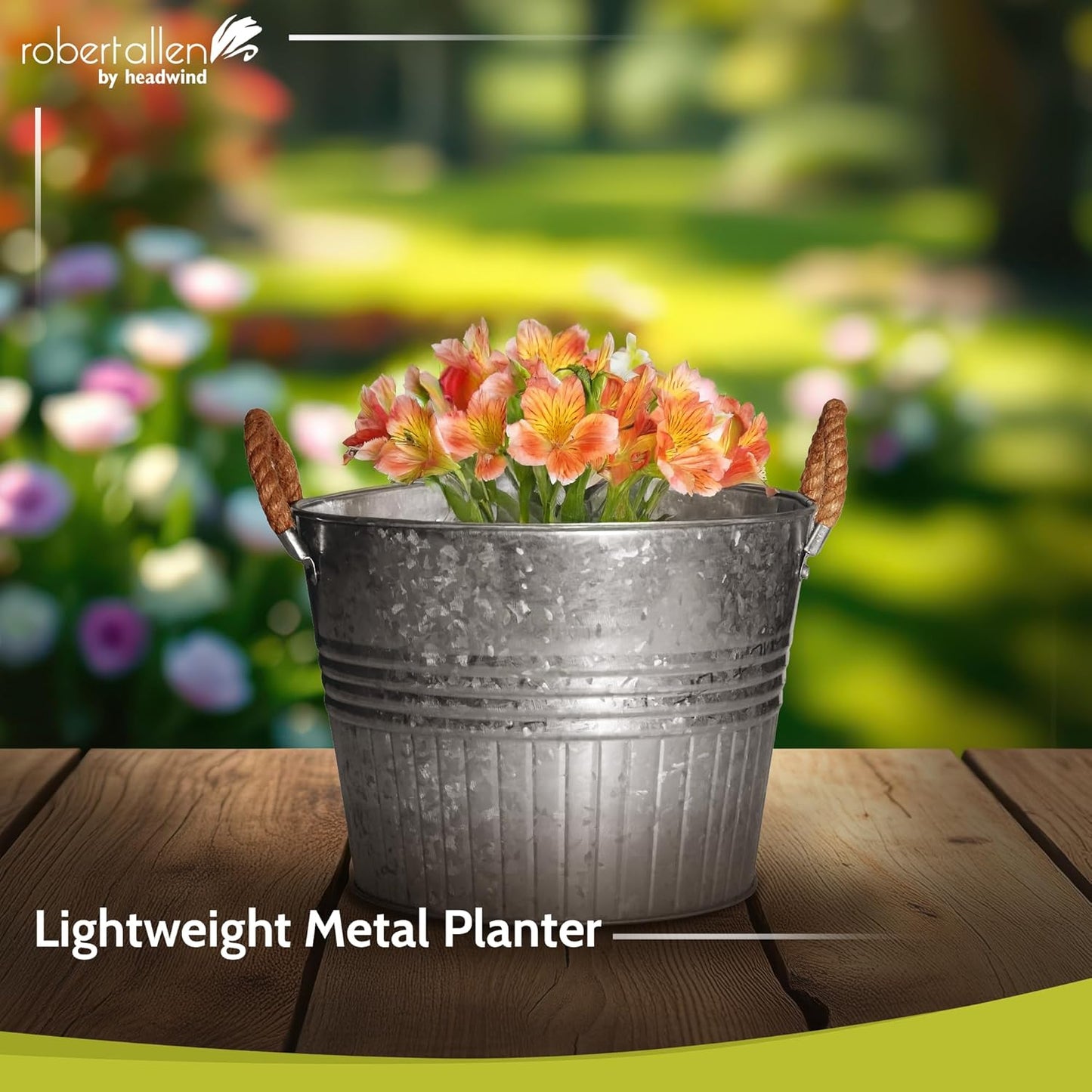 Headwind Round Galvanized Bucket w/Rope Handles – 12 Inch Metal Tub Bucket Planter for Outdoor Plants with Drainage Hole – Galvanized Large Outdoor Planters Buckets by Robert Allen