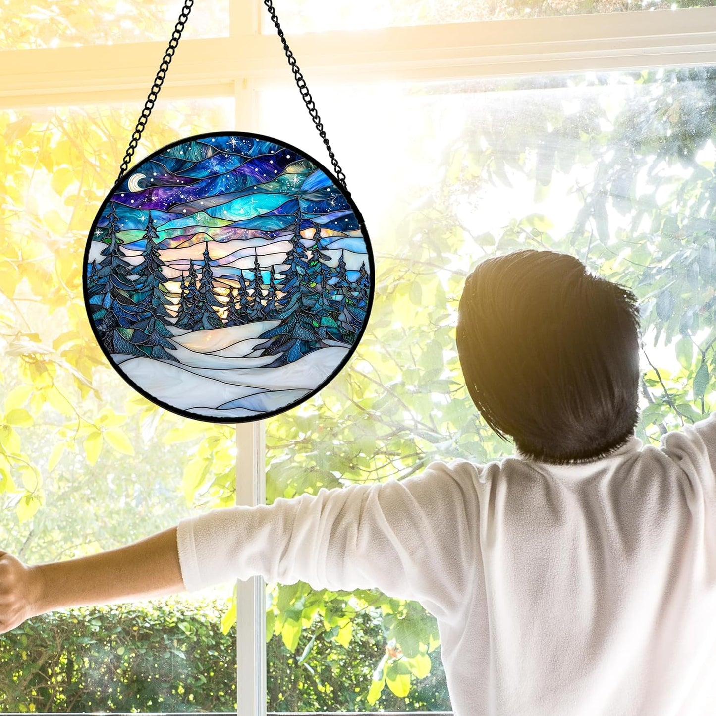 Stained Glass Window Hanging, Starry Sky Trees and Snow Sun Catchers Glass Panel Blue Suncatcher Decor for Birthday for Women, Men, Wife, Aunt, and Mom 7.8 in