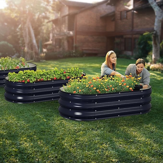 Raised Garden Bed Kit, 4x2x1 ft Galvanized Planter Box Outdoor with Safety Edging, Large Metal Raised Beds for Gardening Vegetables Flower Herb (Navy Blue)