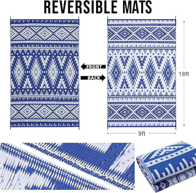 OLANLY Outdoor Rug Waterproof 9x18 ft, Reversible Outdoor Plastic Straw Rug, Boho Patio Rug, Indoor Outdoor Carpet, RV Mat Outside for Patio, Camp, Picnic, Balcony, Deck, Backyard, Blue & White