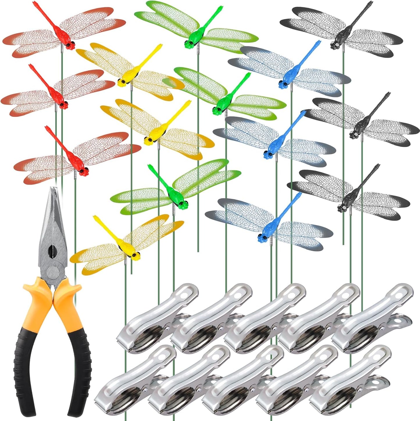 NiHome 15PCS Decorative Dragonflies with 10 Clips Decor for Garden, 9.8" Long Multicolor Waterproof Outdoor & Indoor Use, Versatile Clip-On Plant Decoration, Includes Pliers for Easy Attachment