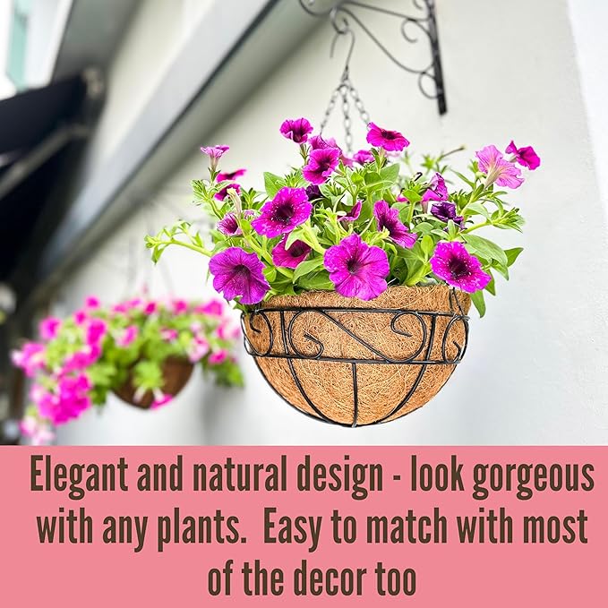 LaLaGreen Hanging Planter for Outdoor Plants (6 Pack, 16 Inch) Hanging Baskets with Coco Liner, Metal Wire Flower Basket Pots with Hook Hanger Balcony Porch Farmhouse Country Style Garden Decor