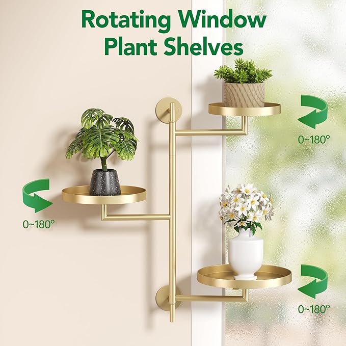 Rotating Window Plant Shelves, 3-Tier Metal Plant Shelf Indoor, Gold Plant Stand, Plant Rack for Wall Planters for Plants Window Sill Gifts for Plant Lovers
