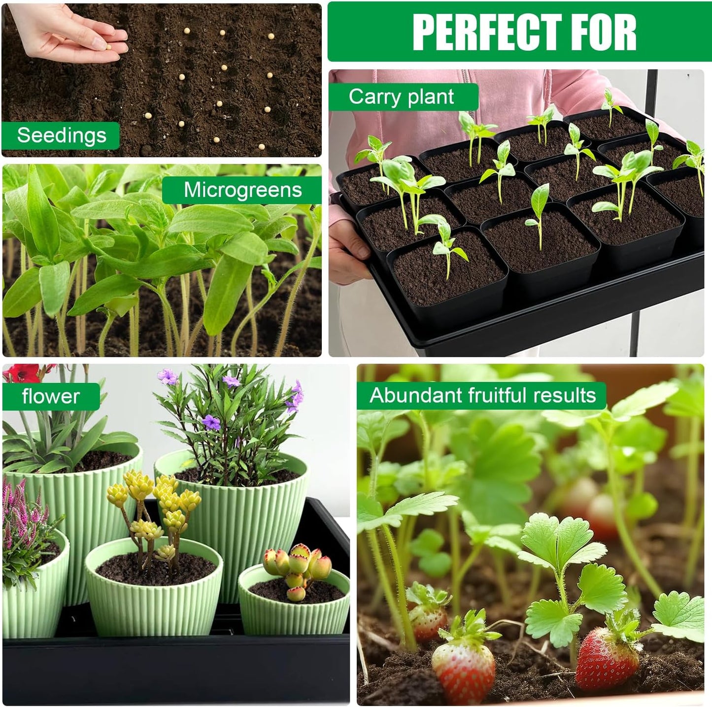 Seed Starter Tray, 5 Packs Plant Tray, Durable Plastic Growing Trays, Stackable Seedling Starter Trays Perfect for Indoor, Outdoor, Greenhouses, 16.5" L x 13.2" W x 2.8" H - Black