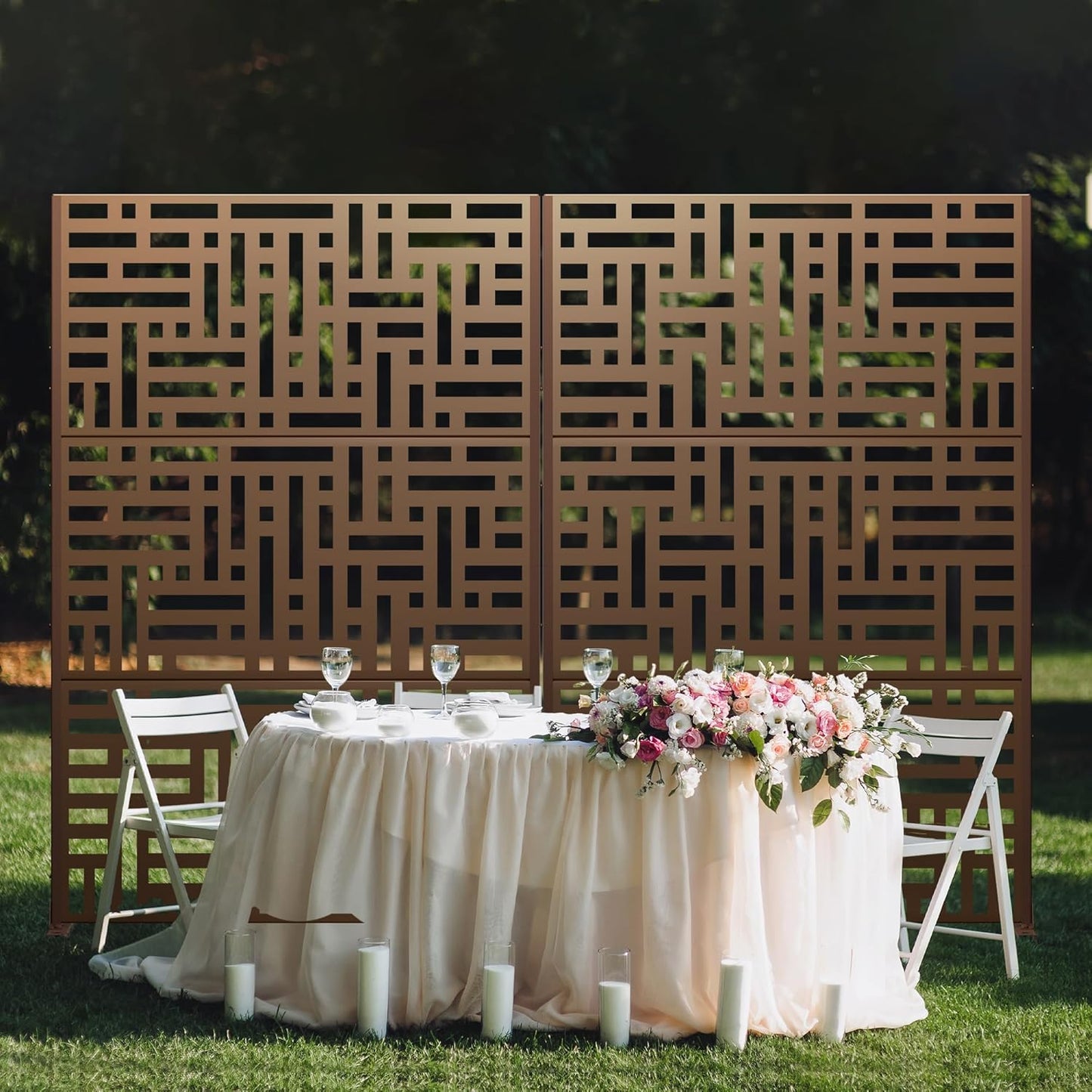 Metal Privacy Screen Outdoor 72" H×47" W,Freestanding Decorative Privacy Screen for Balcony Yard&Garden,Privacy Fence-Brown&Street