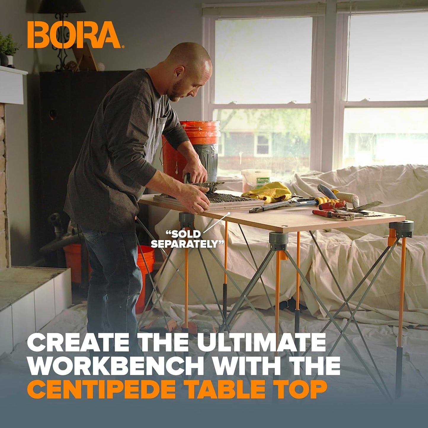 Bora Centipede 30in Folding Work Table Set - No Assembly 9-Strut Collapsible Table 3500lb Weight Limit - 4x4ft Mobile Work Station with Storage Bag, Foldable Work Bench Table - CK9S, Orange/Black