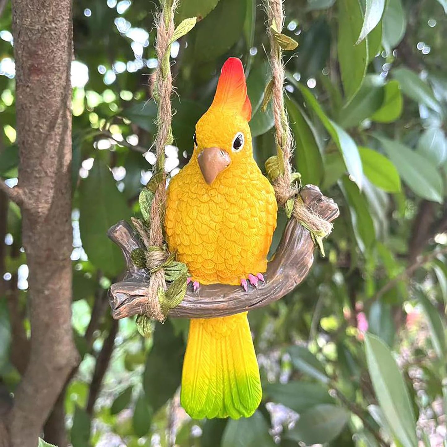 Resin Parrot Hanging Garden Decor Swing Figurine Ornaments, Outdoor Hanging Bird Sculpture Decor Perfect for Patio, Lawn, Gardens, Balconies, Indoor and Outdoor Spaces Yellow & Green Tail