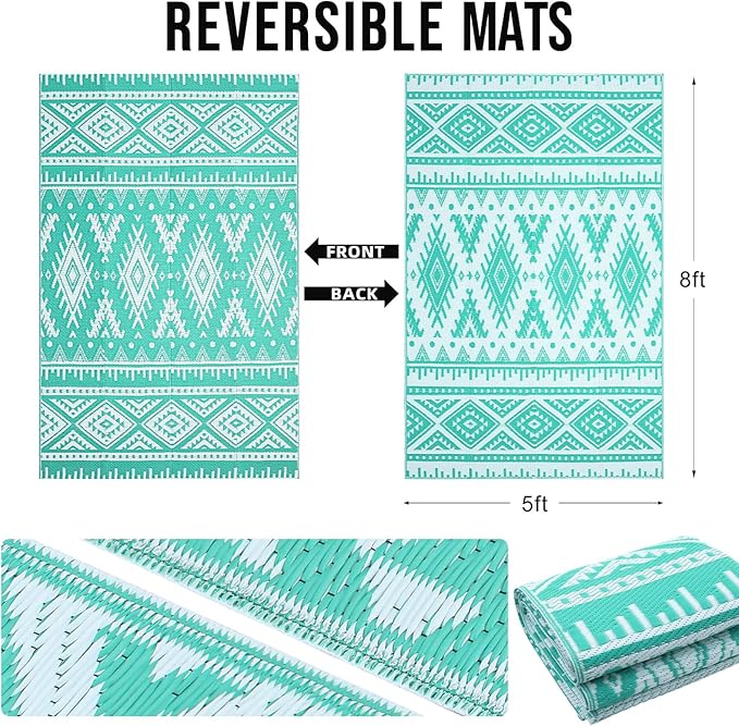 OLANLY Outdoor Rug Waterproof 5x8 ft, Reversible Outdoor Plastic Straw Rug, Boho Patio Rug, Indoor Outdoor Carpet, RV Mat Outside for Patio, Camp, Picnic, Balcony, Deck, Backyard, Turquoise & White