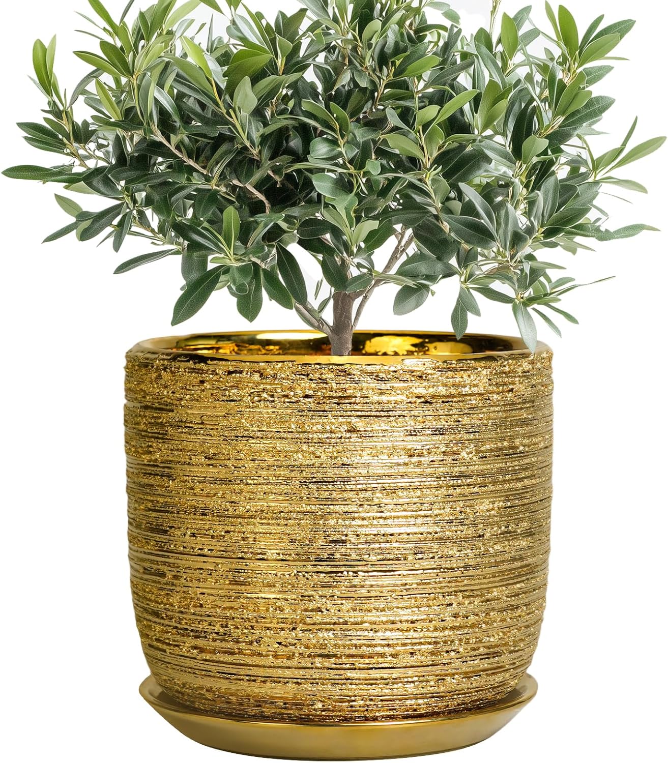 8 Inch Plant Pot - Ceramic Planter with Drainage Hole and Saucer, Modern Round Planter for Indoor Flowers, Gifts for Plant Lovers, Home House Office Room Decor, Gold