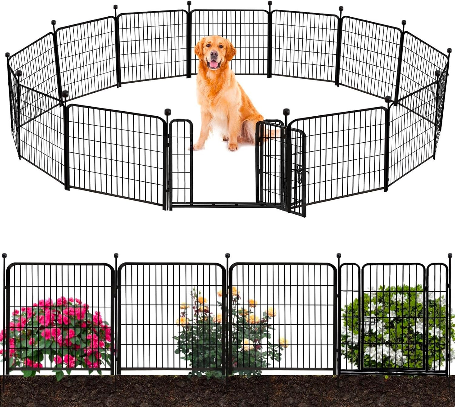 ADAVIN Garden Fence Wide Door Low Threshold, 40 inch High 14 Panels Total 31 Ft(L), Animal Barrier Fence No Dig, Fencing for Garden Beds, Black Iron Metal Heavy Duty Dog Fencing for Yard or Camping