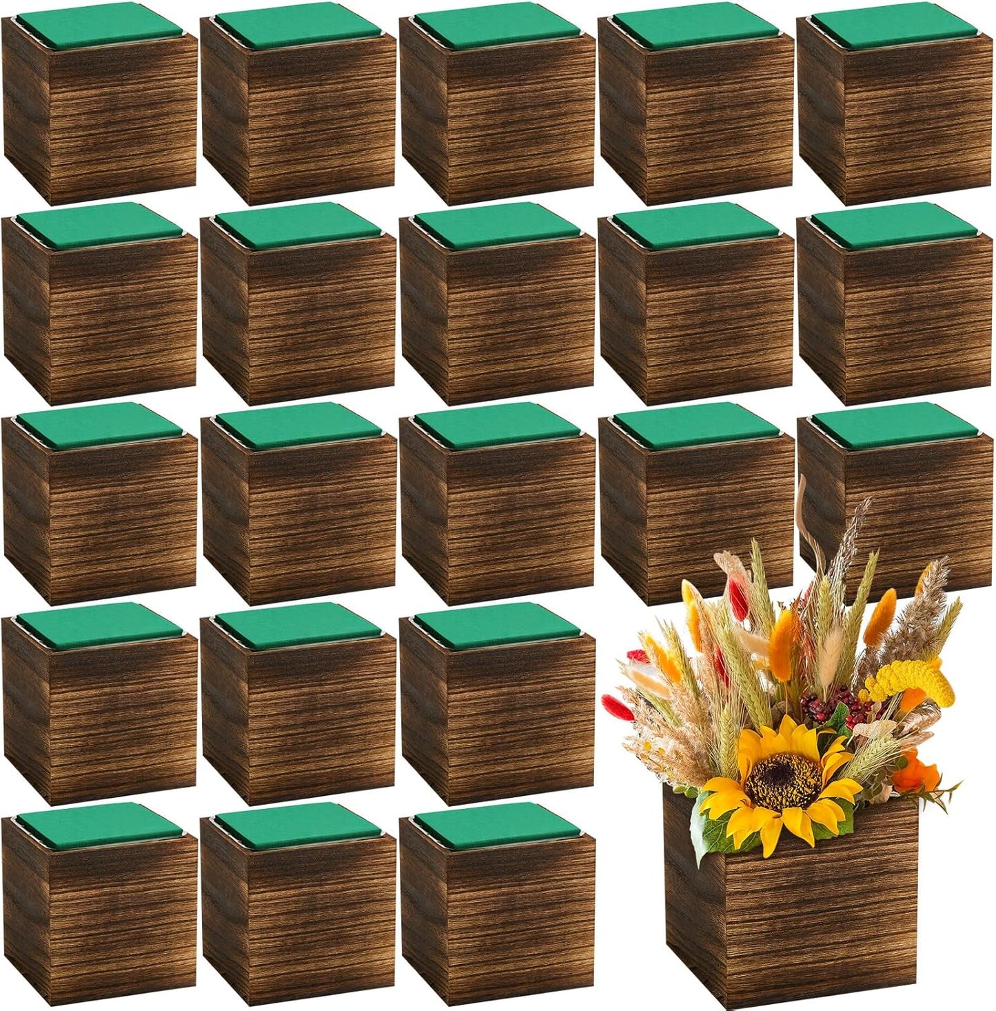 Dandat 24 Set Wood Cube Planter Box Square Wood Vase Rustic Cube Planter Box with Removable Plastic Liner Floral Foam Blocks for Centerpieces Home Wedding Garden Decor, Country Style (Brown)