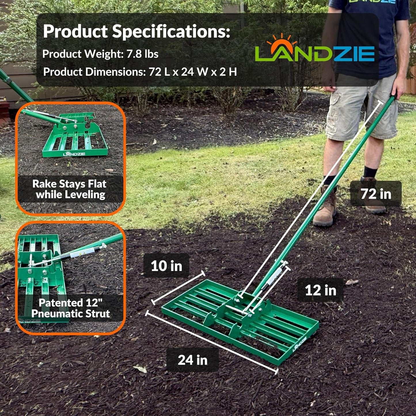 Landzie AeroLeveler - The Lawn Leveling Rake That Never Flips - Patented inch Wide Pneumatic Lawn Level for Yard, Dirt, Soil, Sand, Provides Stability and Control (Pneumatic 24" Leveling rake)